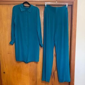 Constance Cloe’ Paris Teal 100% Silk Collared Button Down Shirt Tunic Pant Set *